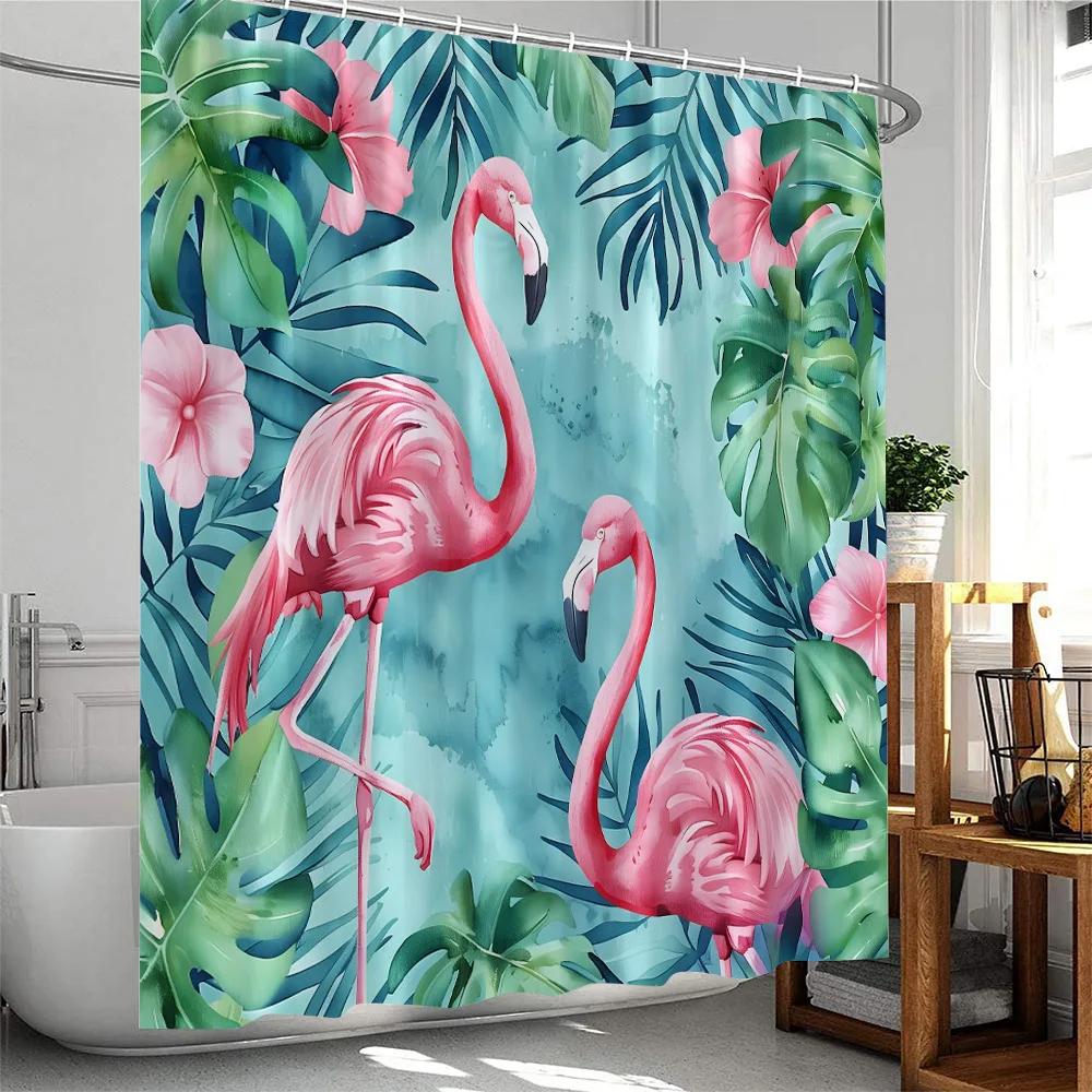 Tropical Pink Flamingo Shower Curtains Watercolor Flamingos Green Leafves Plant Polyester Fabric Bath Curtain Bathroom Decor Set