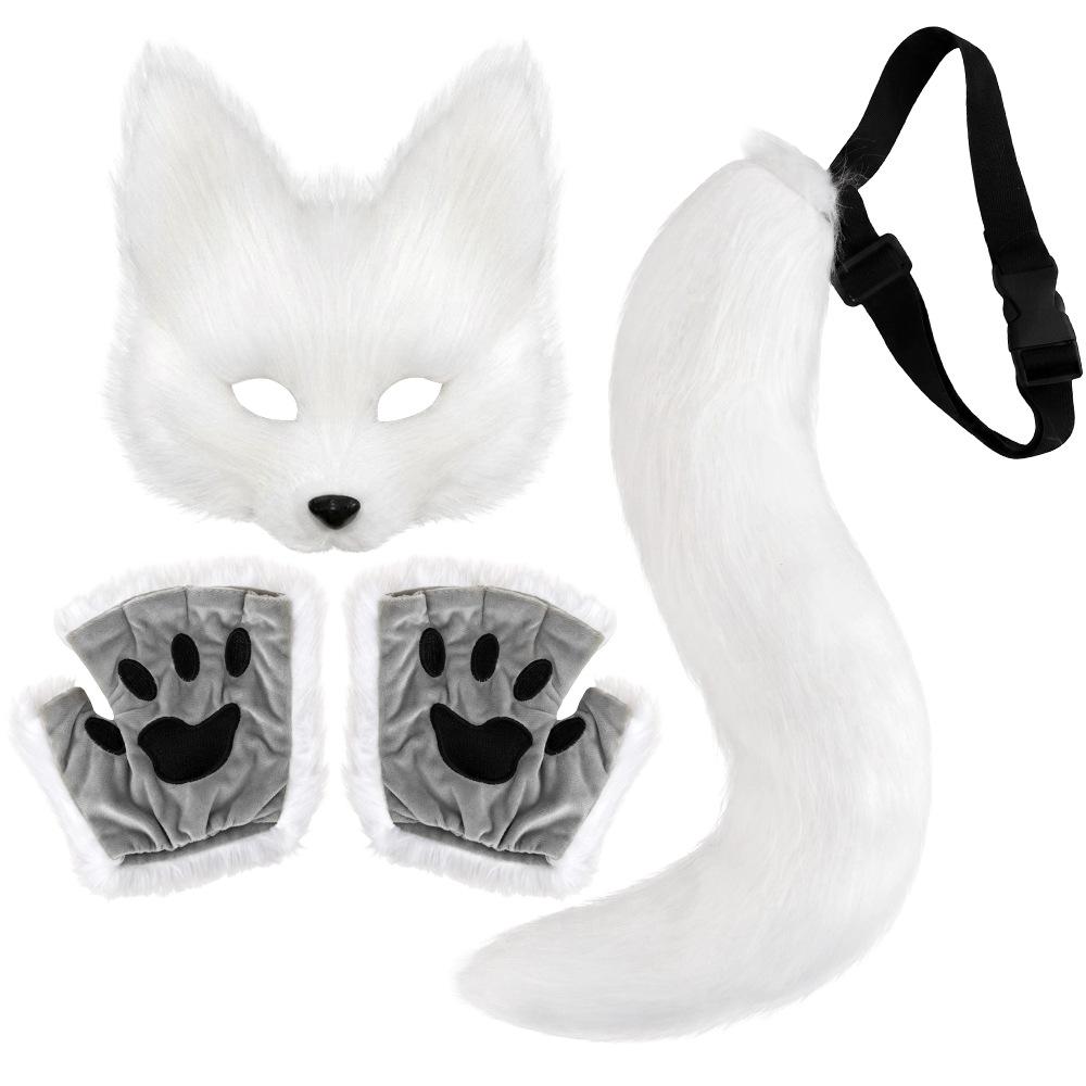 Faux Fur Cat Fox Mask Tail Paw Gloves Set Therian Costume Kit for Women Girls Adult Halloween Cosplay Masquerade Party