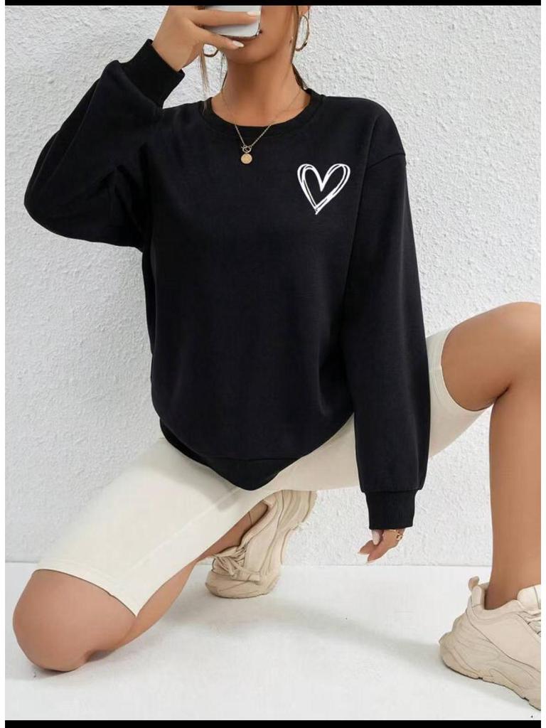 Women's Heart Print Loose Long Sleeve Sweatshirt - Cozy Round Neck Pullover