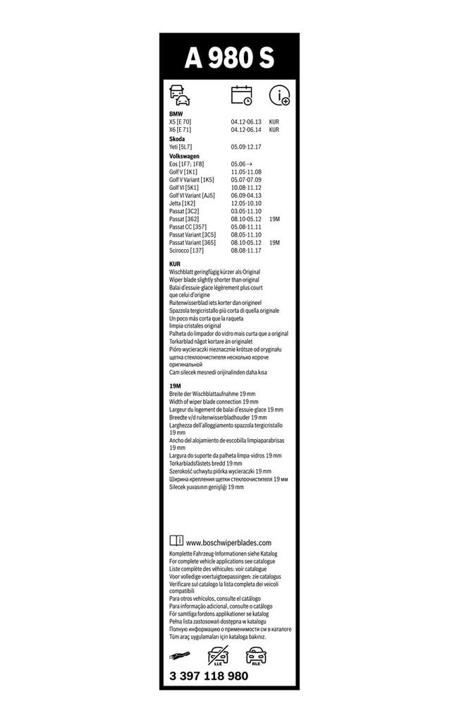 BOSCH Flat Wiper Blade for Imported Aero Twin Models A980S A980S Cars, Only, 600/475mm,