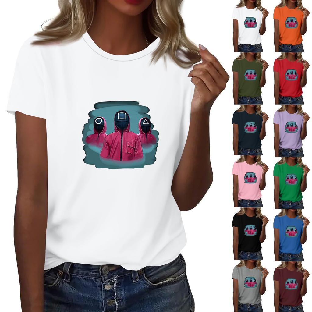 Damen Rundhals Bedrucktes Kurzarm T-Shirt Top