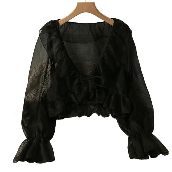 Cardigan in chiffon con scollo a V, lacci, camicia leggera, colore unito, bordo con volant, estivo, sottile, protezione solare, da indossare tutti i giorni