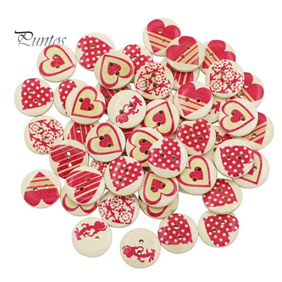 

50 деревянных разноцветных пуговиц с красным сердечком, 2 отверстия для шитья, скрапбукинга, декора «сделай сам»