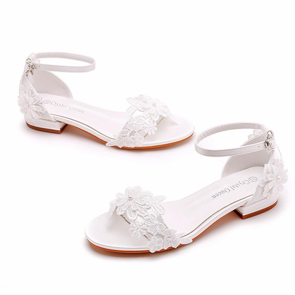 2 Cm Square Heel Shallow Mouth Strap Sandals Ivory White Silk Satin Bride White Lace Flower Sandals