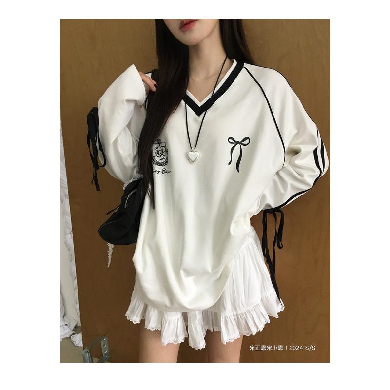 Spring Autumn V-neck Loose Casual Patchwork Pullover Top Women Long Sleeve Lace Up All-match T-shirt Tee