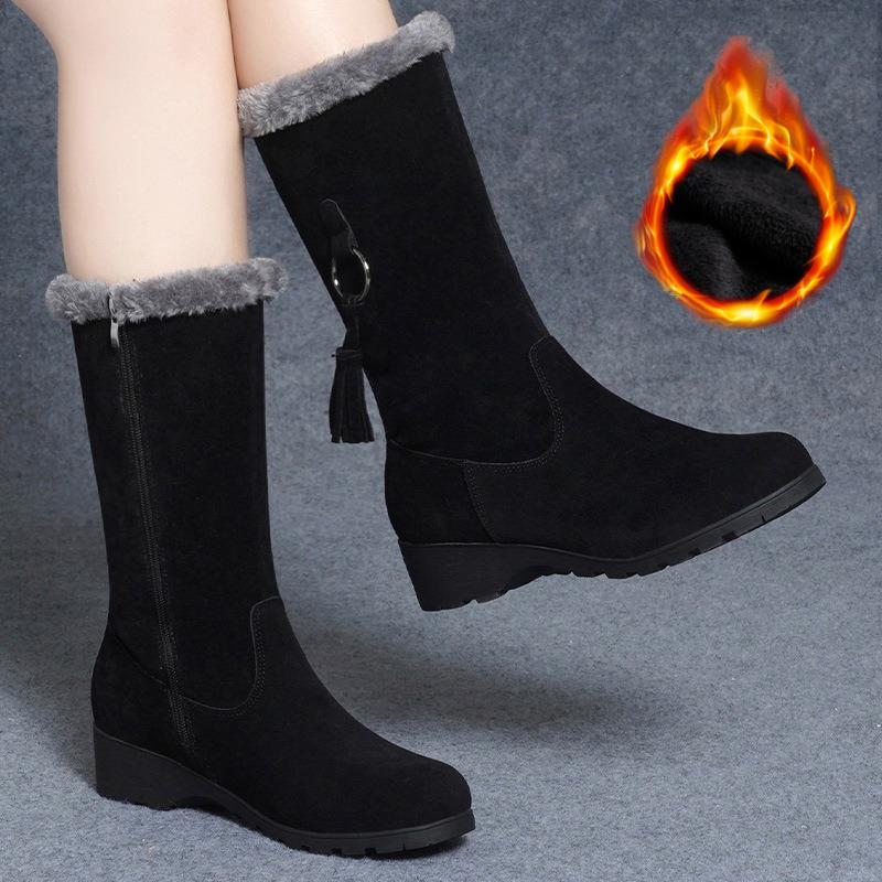 Winter New Style Plus Velvet Thickened Mid-tube Snow Boots Women's Warm Tassel Wedge-heeled Cotton Shoes