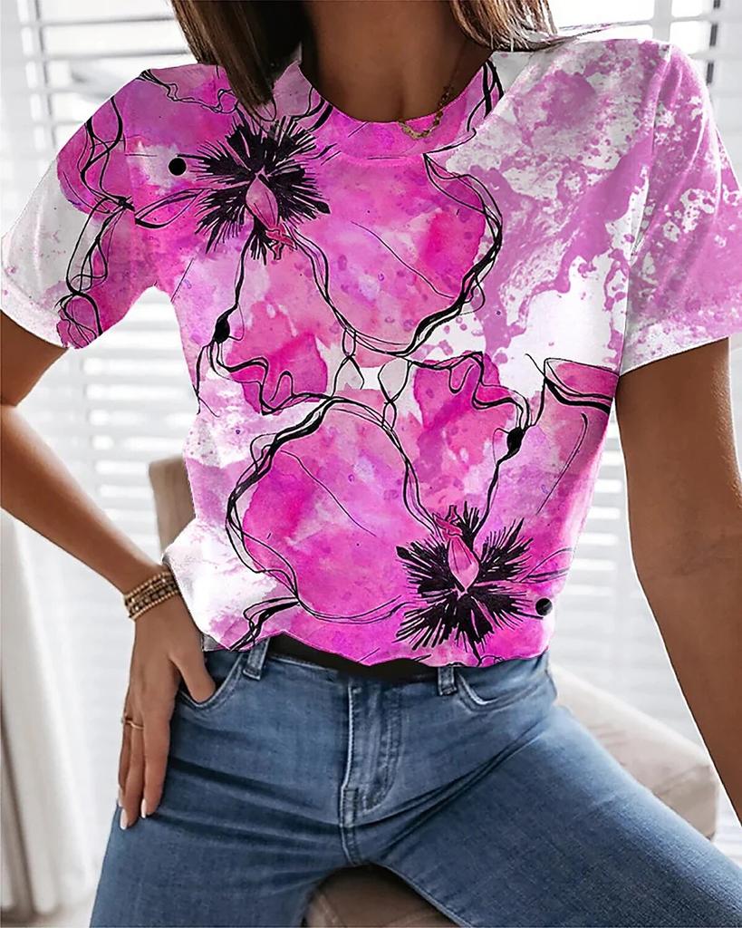 Sommer Dame 3D-trykte Blomster T-skjorte Mote Trend Topper Dame Casual Kortermet Klær Jenter O-hals Elegante T-skjorter