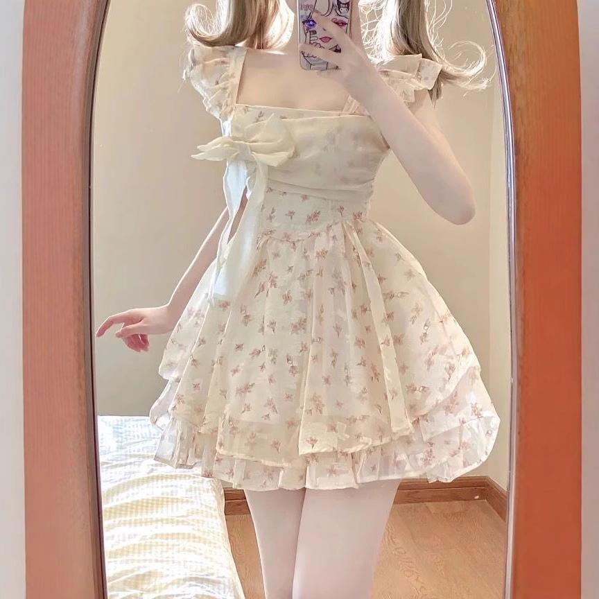 French Sweet Wind Small Flying Sleeves Floral Dress Women's Summer Small Bow Waist On the Run Princess Short Skirt