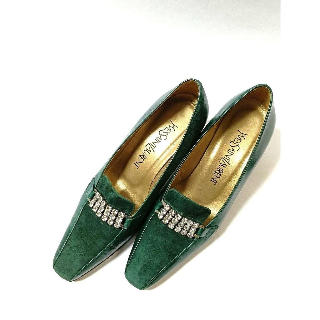 Used Yves Saint Laurent Pumps Green Suede Enamel Bijou 36 (23cm) Heel 6cm