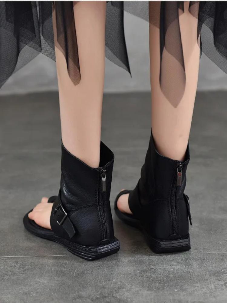 Johnature Women'shoes Roman Sandals Fashion Versatile Flat Genuine Leather Peep Toe Short Boots