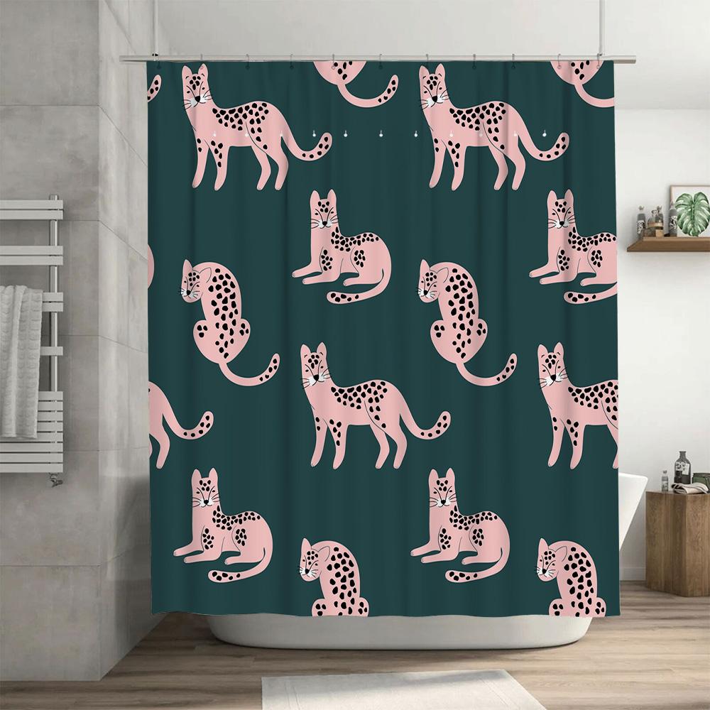 Pink Leopard Print Shower Curtain Set for Bathroom Decor Modern Green Background with Black Spots Cat Design Pattern Cover with