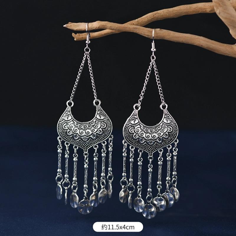 

Ретро тибетское серебро серьги нишевые преувеличенные личностные серьги с бахромой женский дизайн темпераментные серьги