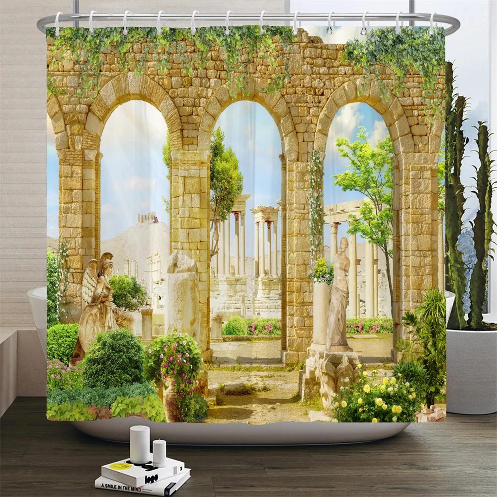 3D Moroccan Style Shower Curtain European Architectural Landscape Printed Waterproof Polyester Bathroom Curtain Decor With Hooks