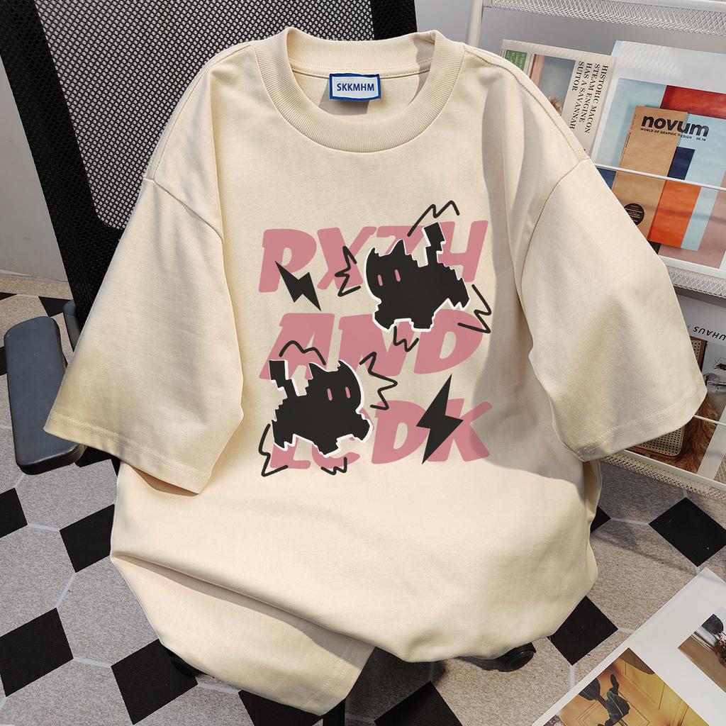Teenager Summer Casual Short Sleeve Loose Black Cat Letter Printed Pullover Oversize Cotton T Shirt Top