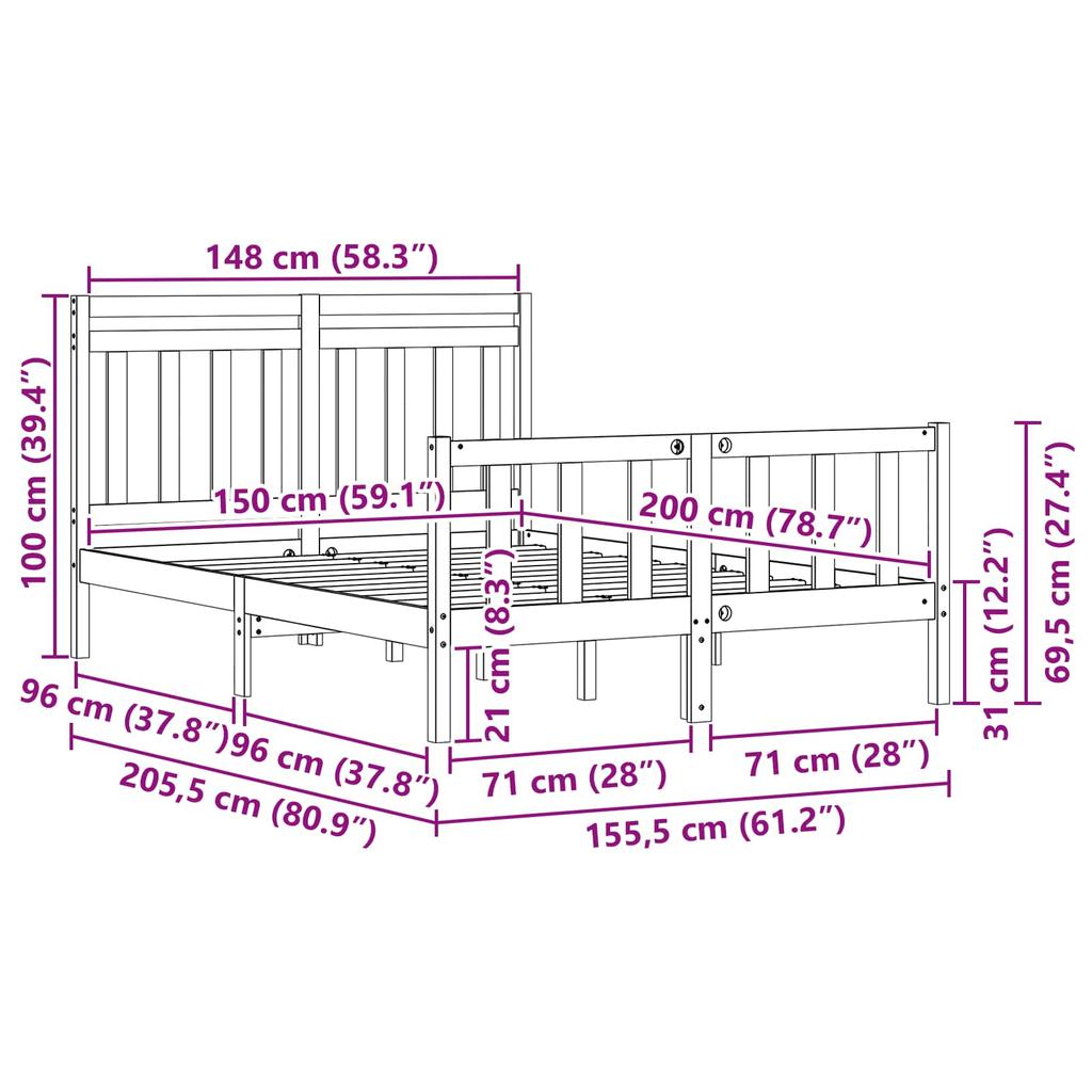 Bed Frame with Headboard Wax Brown 205.5 x 155.5 x 100 cm
