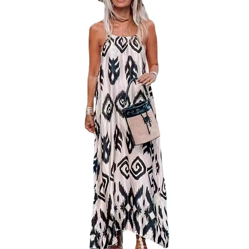 Summer Women's Sleeveless Pullover Halter Dress Fashion Loose Printed Long Dress