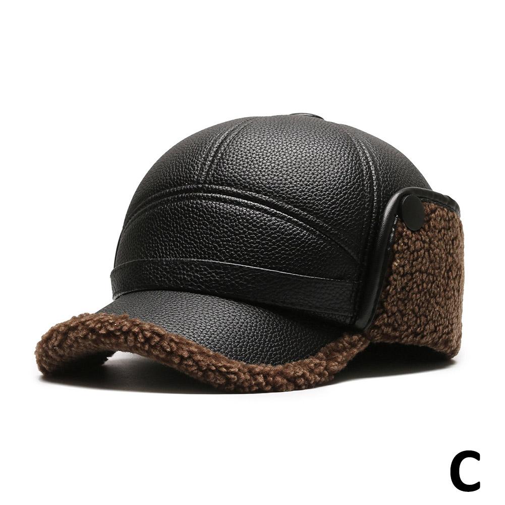 Autumn Winter Hat For Men Outdoor Thick PU Leather Warm Adjustable Earmuffs Baseball Cap Bomber Thick Fleece Lined Hats