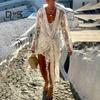 Women Bikini Cover-up V-Neck Long Sleeve See-through Embroidery Flower Pattern Lace-Up Detail Swimwear Cover-up