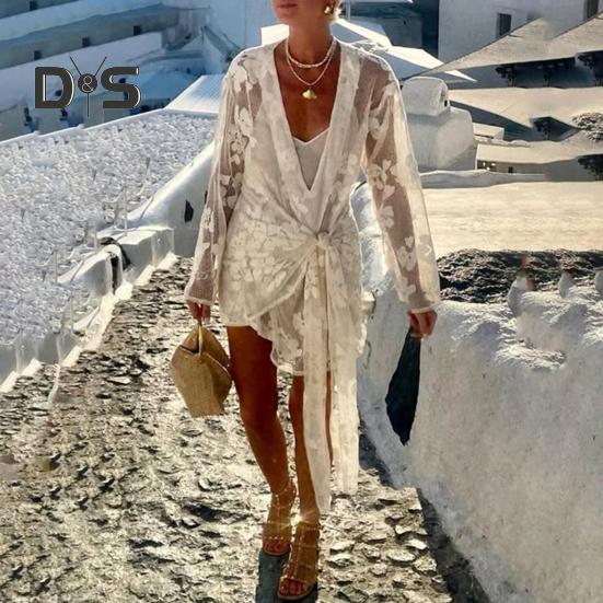 Women Bikini Cover-up V-Neck Long Sleeve See-through Embroidery Flower Pattern Lace-Up Detail Swimwear Cover-up