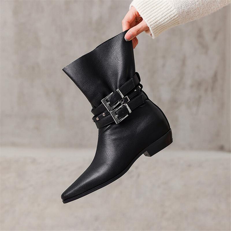Fashion New Autumn Winter Split Leather Women Boots Fashion Belt Buckle Western Boots for Women Thick Heel Short Boots Height Increasing