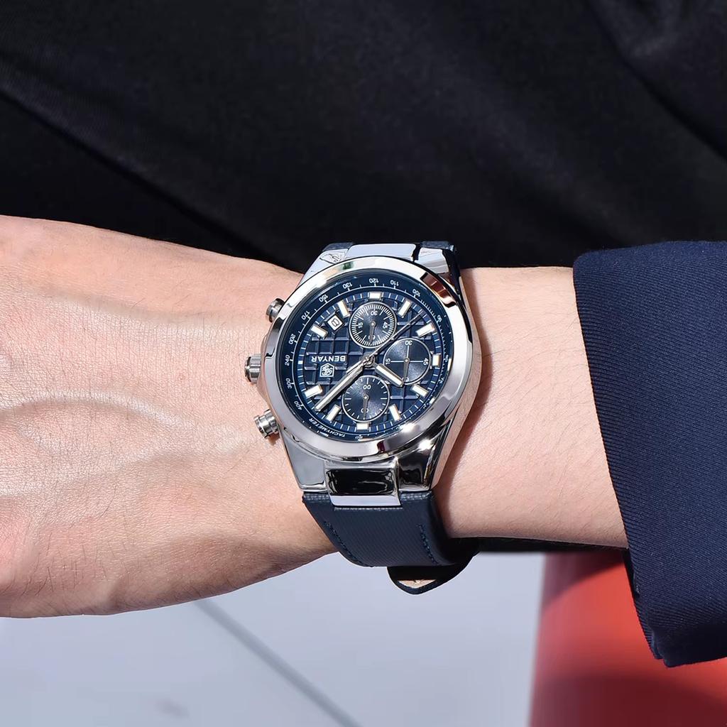 BENYAR5206 Men's Watch: Stylish Leather Strap Quartz Chronograph, 30M Waterproof, Luminous Display