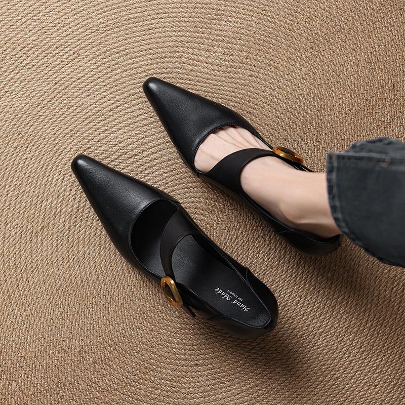 Fashion 2025 New Genuine Leather Women Pumps Shallow Mary Jeans Strap Single Shoes 5cm Square High Heels Black Prom Party Sapatos Mujer