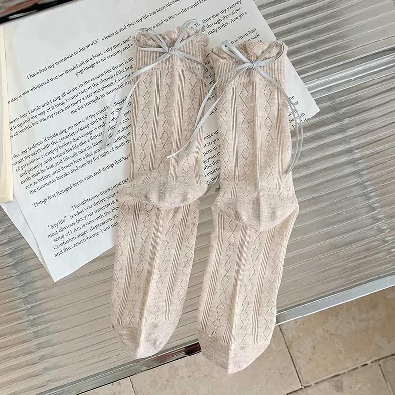 Socks For Women Korean Style New Solid Color Sweet Lolita Thin Socks Cute Breathable Bow Japanese Fashion Long Socks Female Mesh