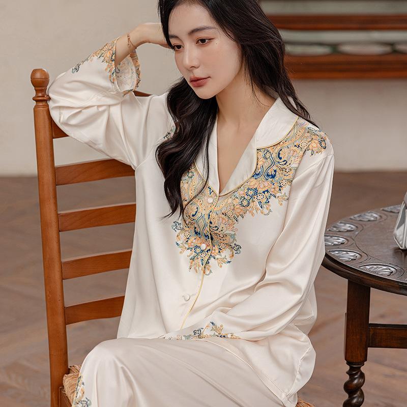 

Пижамы с длинными рукавами и принтом, весенне-осенние рубашки, брюки, домашняя одежда, атласное нижнее белье, ночное белье, женская сексуальная пижама с отворотами 2XL белый