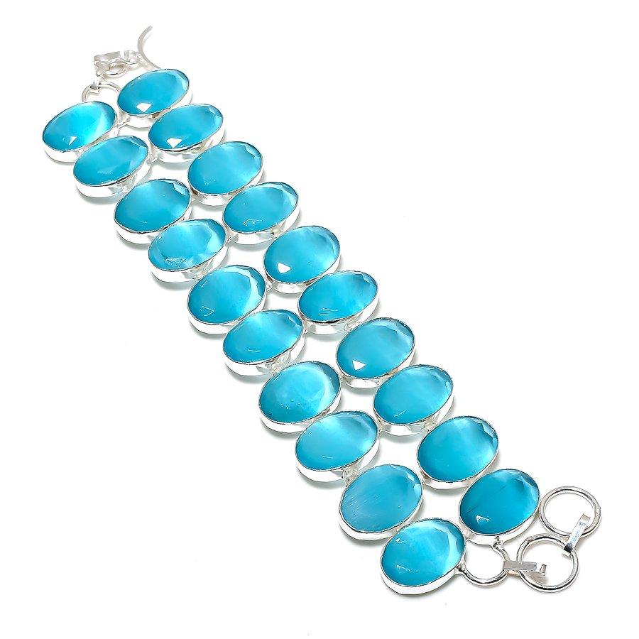 Bracelet en argent sterling 925 fait main avec pierre précieuse aqua calcédoine 7-8" i4G26