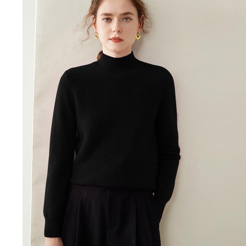 Women's Twist Pattern Cashmere Sweater - Half-High Collar, Knitted Pullover for Autumn/Winter, Loose Fit, Solid Color, Versatile Base Layer.