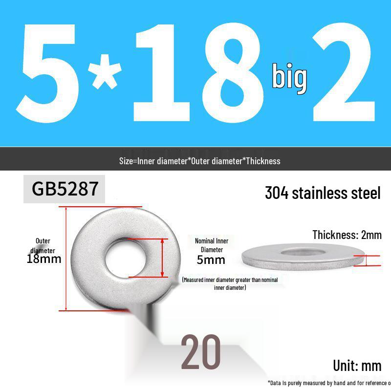 304 Stainless Steel Enlarged Flat Washer Ring (Sizes: M1.6-M22)