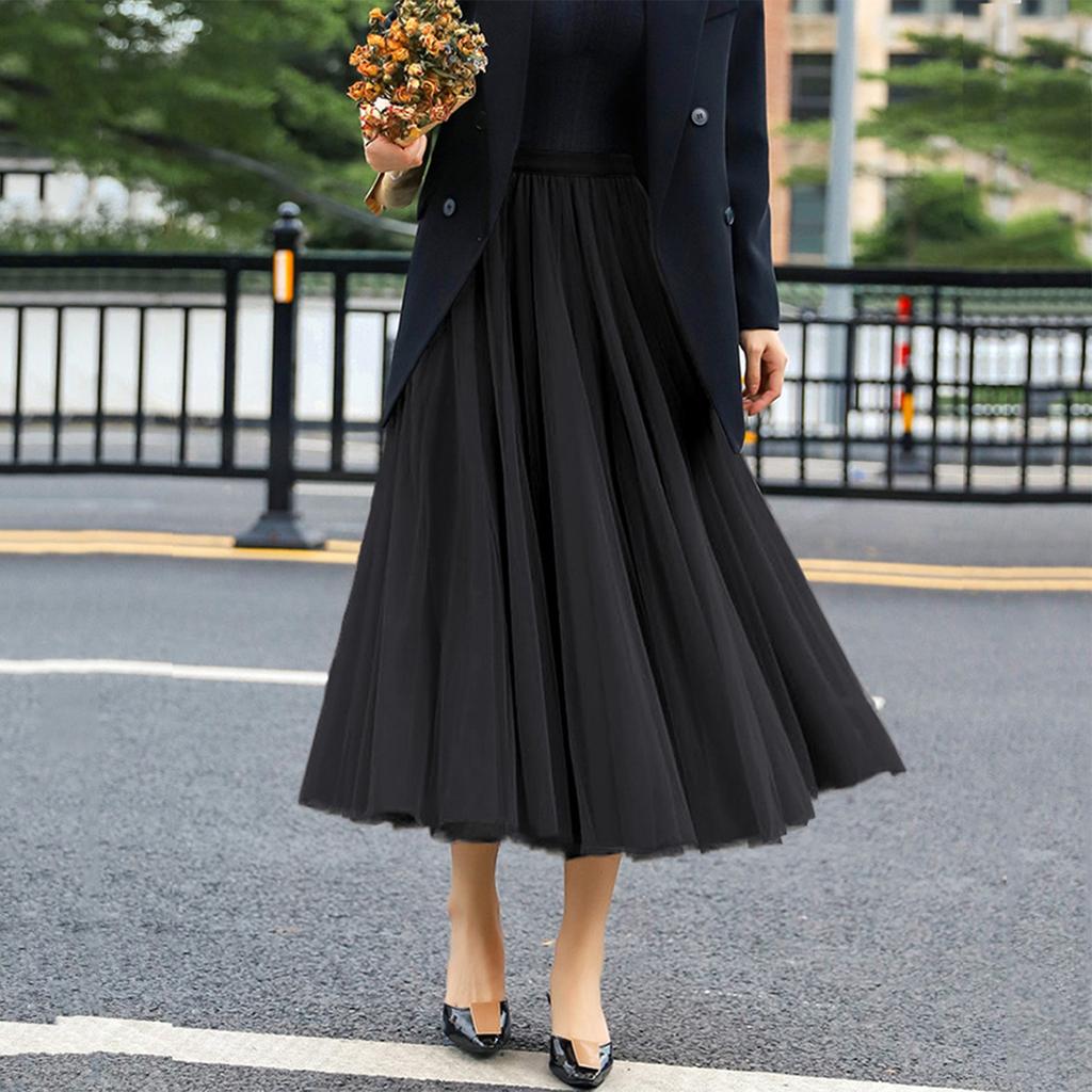 Women's Fashionable Color Loose Mesh Skirt, Elastic High Waist Large Swing Skirt, Pleated Skirt