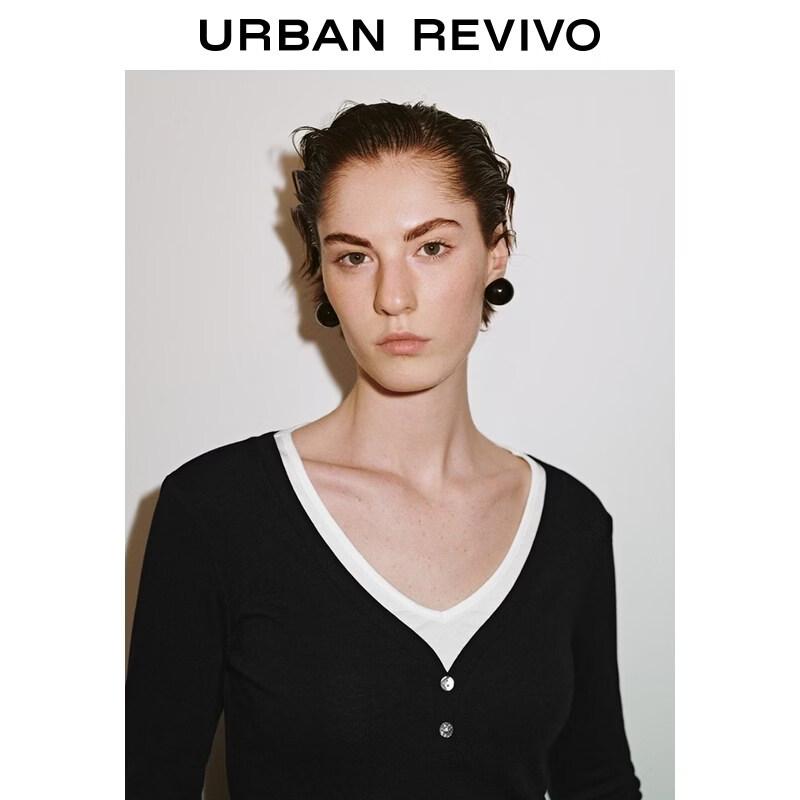 UR2026 Women's Color-block V-neck Faux Two-piece T-shirt