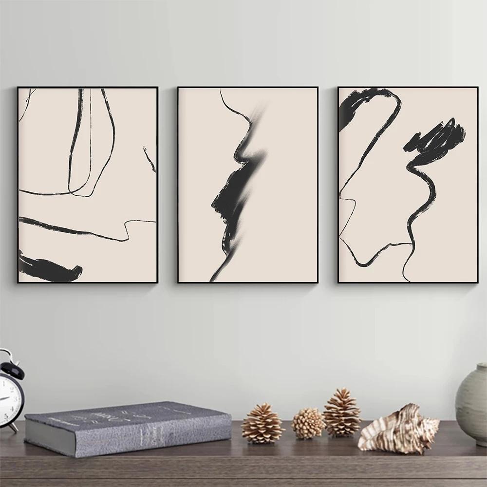 Modren Abstract Minimalist Black Line Beige Posters Prints Canvas Painting Wall Art Pictures Living Bedroom Home Decoration