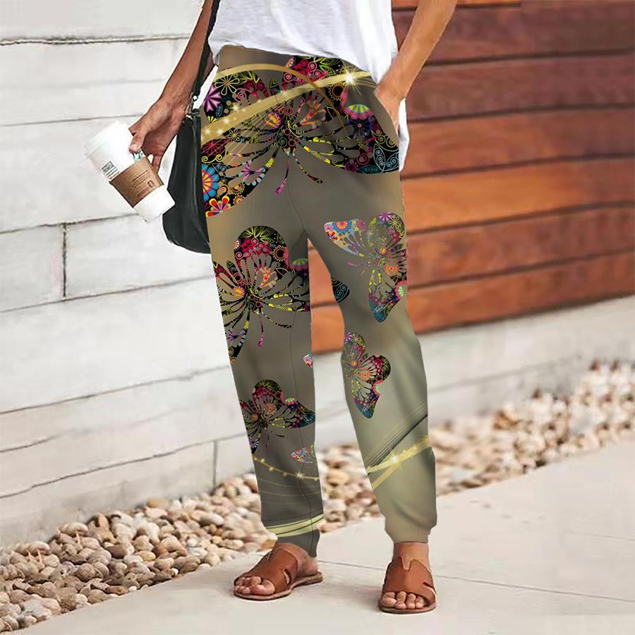 Women Butterfly Printing Pants Lace Up Elastic Waist Loose  Trousers Casual Long Pants Trousers with Pockets