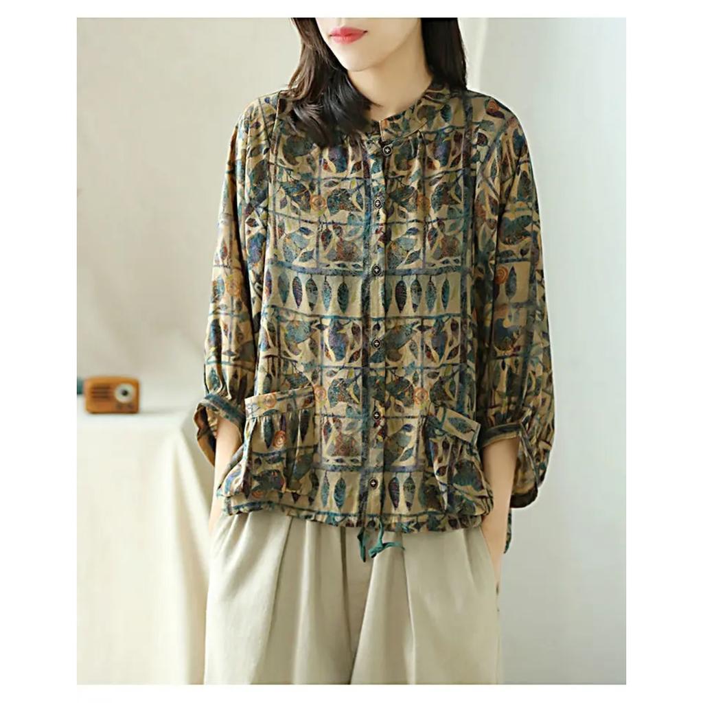 Cotton Linen Women Shirt Vintage Oversized Floral Print Blouses Harajuku Leisure Loose Ladies Casual Button Up Shirts Tops Mujer