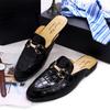 Fashion Men's Leather Half Shoes, Black Pointed Toe Flat Crocodile Pattern Metal Buckle, Comfortable Casual Men's Shoes Daily Home Shoes
