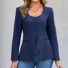 Ladies' Fashionable Button Low Round Neck Slit Hem Casual Solid Color Suit