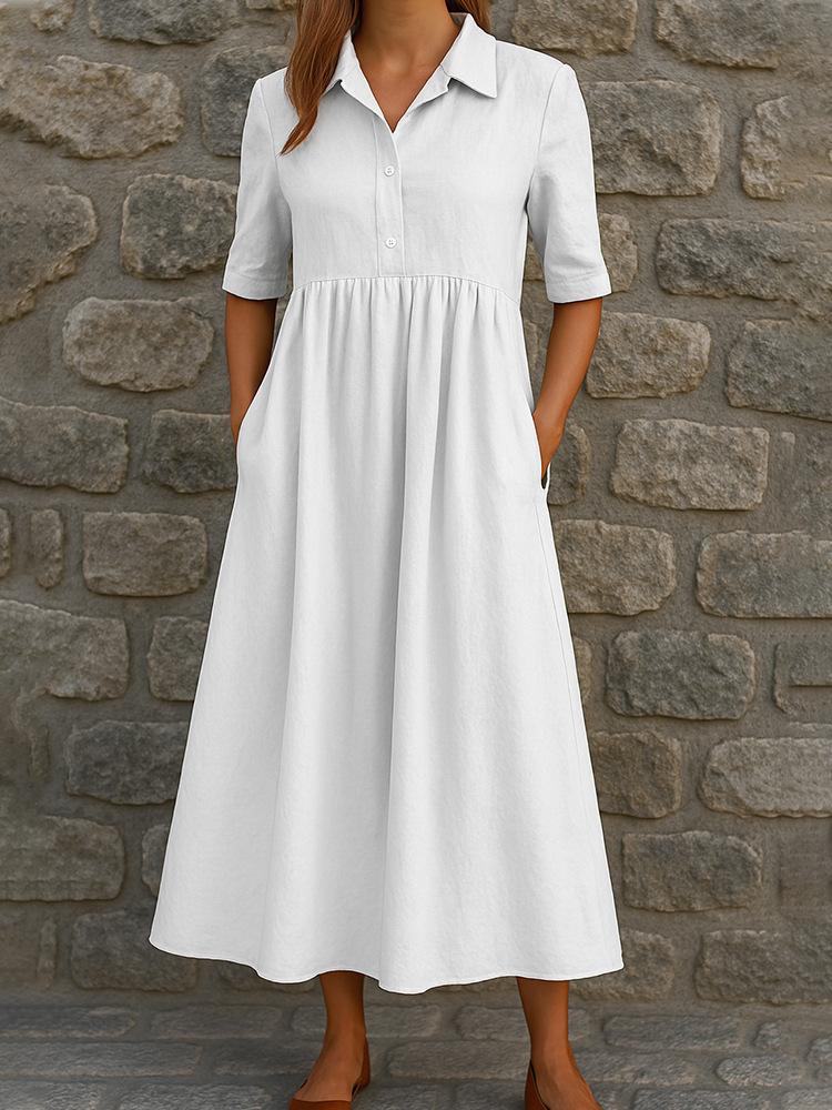 Women's Casual Button-Down Shirt Dress with Pockets, Loose Fit, Pleated Hem, Short Sleeve