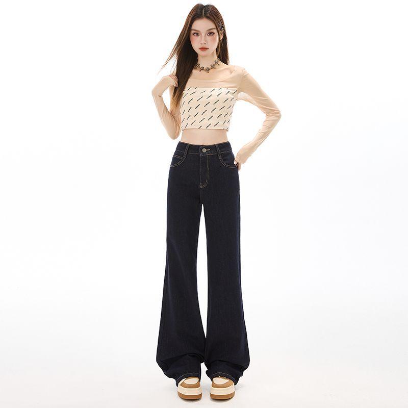 Spring Summer Denim Blue Back Pocket Embroidery Elastic Micro Flare Slim Fashion Denim Pants For Female Casual Pants Oversize Denim Trousers