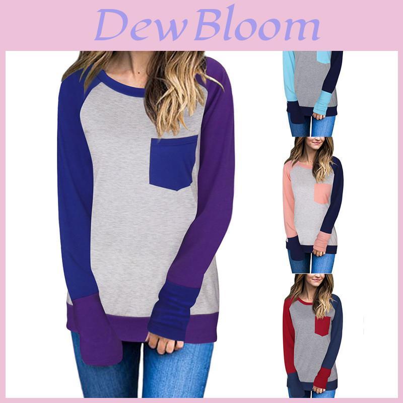 Stylish Casual Womens Long Sleeve Pocket Tshirt With Stitched Color Details