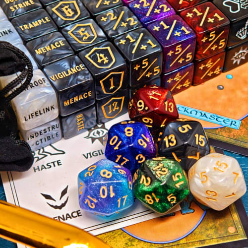 90-Piece MTG Counter Dice Set - Ability Keyword Counters, -1/1 Life Counters, Shield Counters, MTG Design Display Dice, Creature Stat Buffs, Multicolo