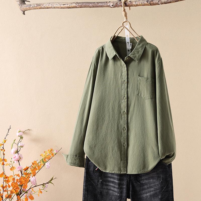 2026 Spring/Autumn Solid Color Brushed Cotton Long-Sleeve Unisex Japanese Casual Shirt