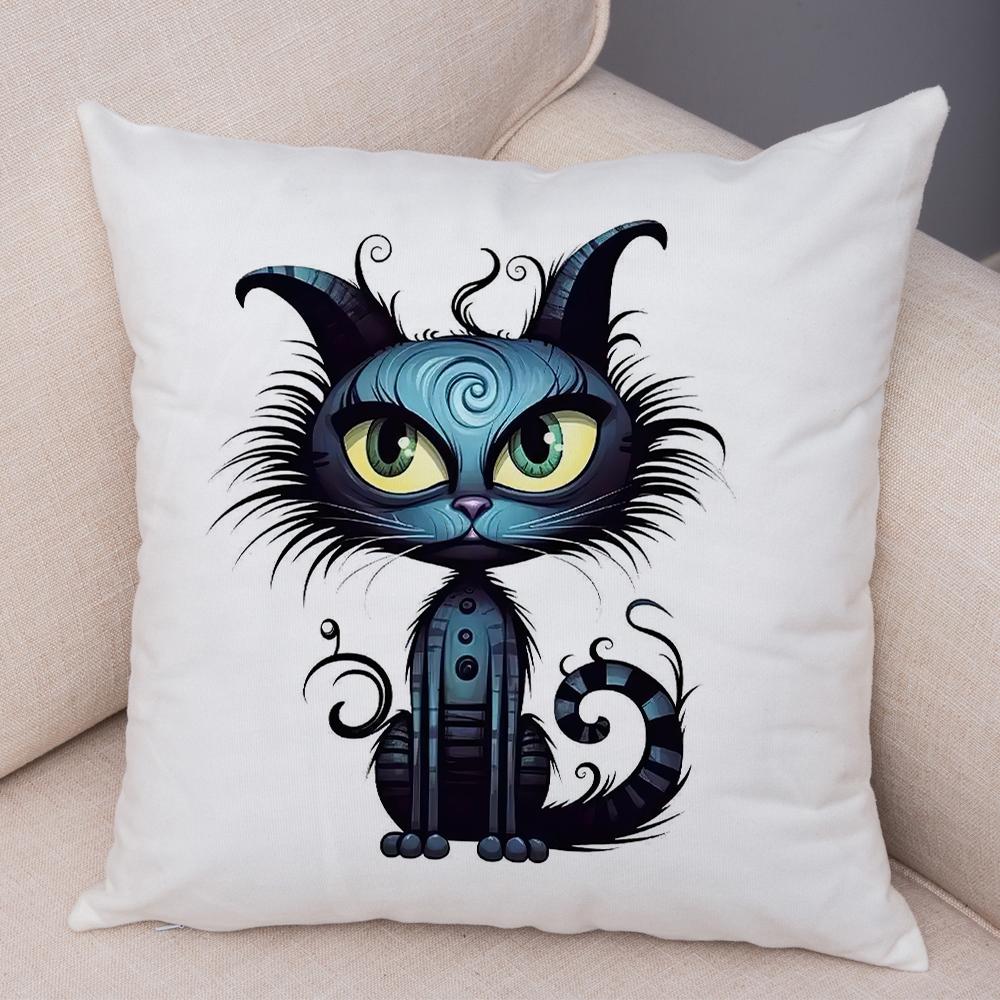 Grumpy Black Cat Pillowcase Double Print Striped Whimsical Cat Cushion Cover Soft Plush Curly Eared Fierce Cat Pillowcase