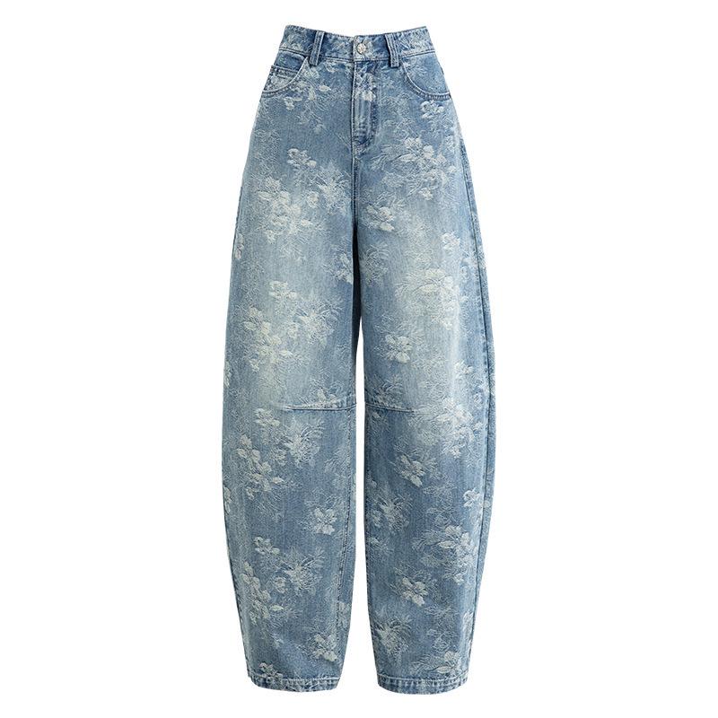 Guangmei Women s High Waist Jacquard Embroidery Wide-Leg Jeans - 2026 Spring Retro Floor-Length Pants 26