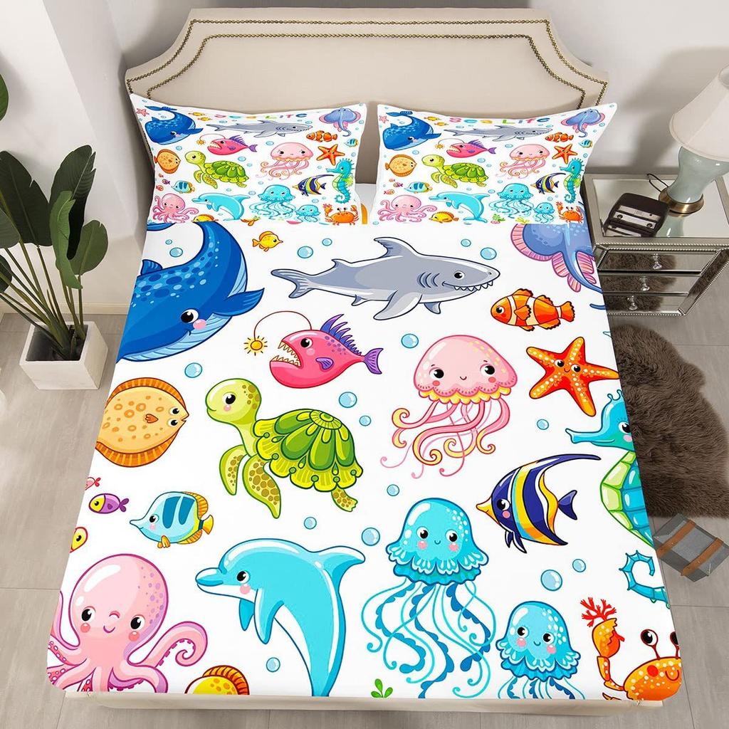 Ocean Submarine Creature Pattern Mattress Four-Piece Bedding Set Bedroom Dormitory Bedding Decoration
