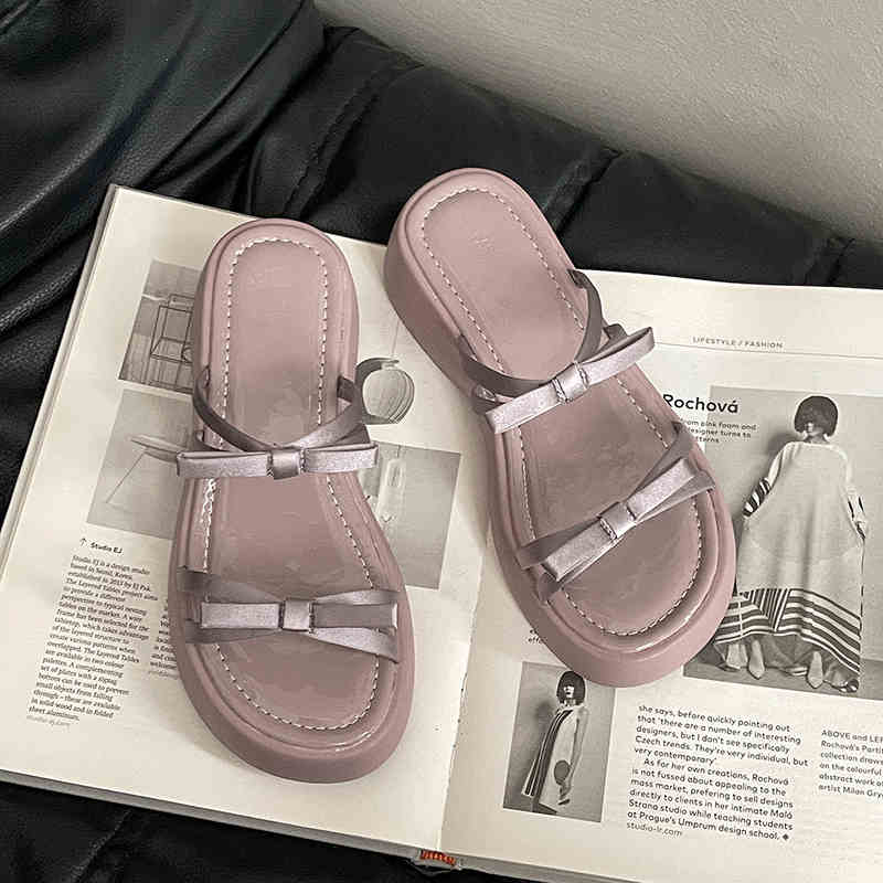 Butterfly-knot Platform Heel Women Slippers Concise Dress Street Style Slides Summer Ladies Outdoor Sandalias