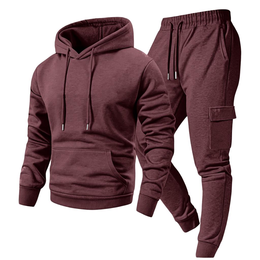 Men's Casual Outdoor Sports Two-Piece Set - Color Sweatshirt and Elastic Waist Cargo Jogger Pants