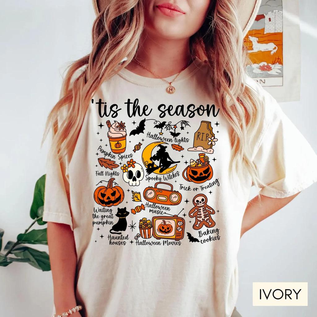 Women Dark Academia Funny Vintage Halloween Comfort Shirt Tis the Season Halloween Pumpkin Witch Daily Top Trendy Streetwear