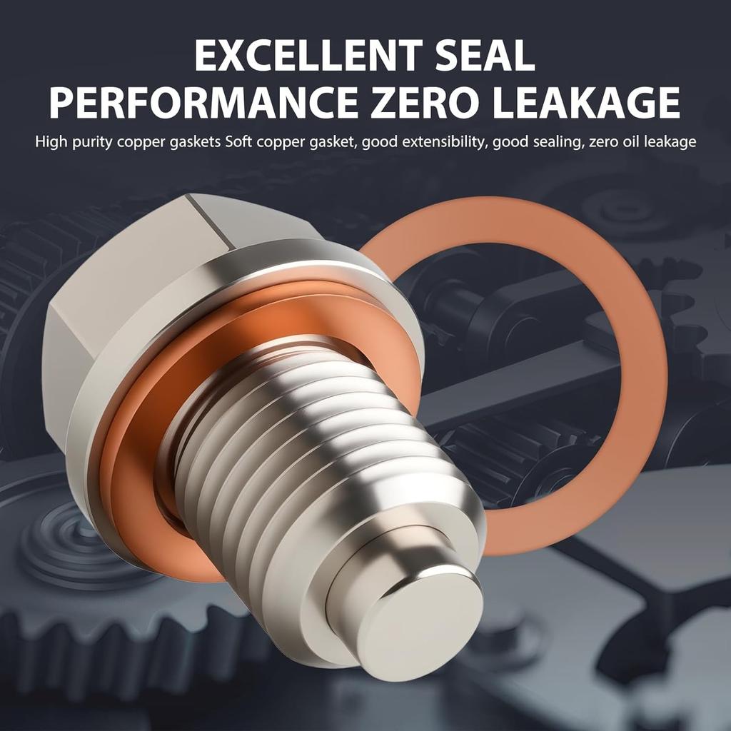 M14 X 1.5 Magnetic Stainless Steel Oil Drain Plug Sump Drain Nut Bolt with Copper Gasket Crush Washer Compatible with Most Ford, GM, Hyundai, KIA and
